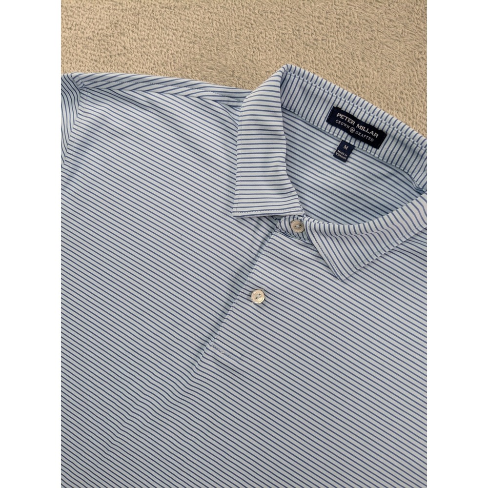Peter Millar Crown Crafted Mens Medium Blue Striped Performance Polo Shirt